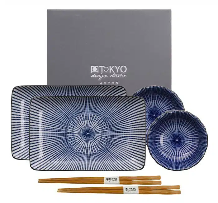 Blue / White Sushi Plate Set with Chopsticks - Kotobuki - Set of 6 - 21 x 13.5 cm & 9.5 x 3 cm