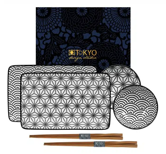 Black / White Plate Set with Chopsticks - Nippon Black - Set of 6 - 21 x 13.5 & 9.5 x 3 cm