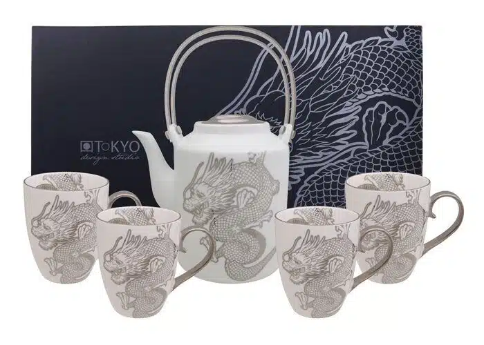 White / Gray Tea Set - Cast Iron - Set of 5 - 800 ml
