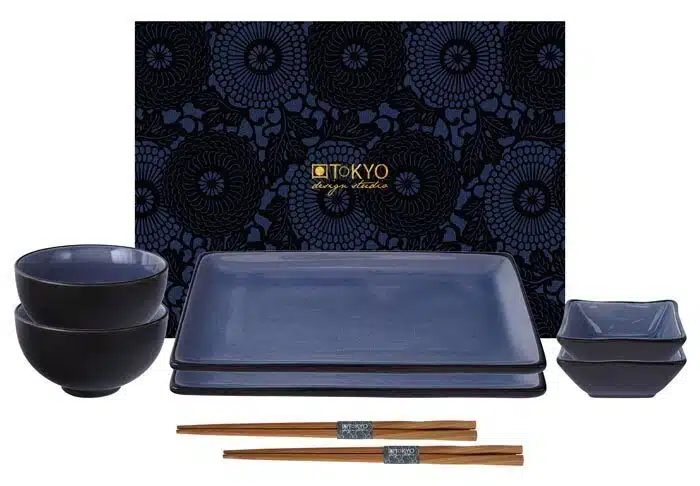 Black / Blue Sushi Set with Chopsticks - Glass Blue - 8-Piece Set