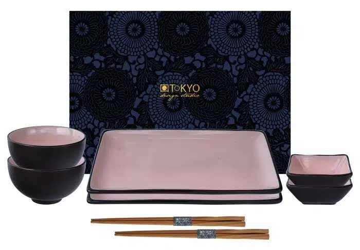 Black / Pink Sushi Set with Chopsticks - Glassy Blue - Set of 8 pieces