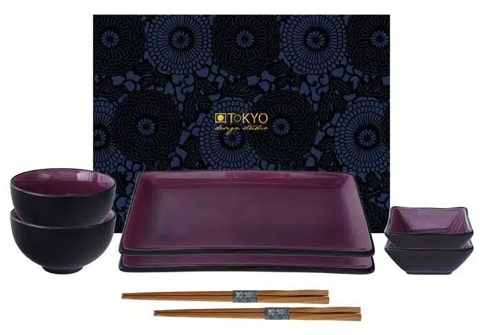 Black / Purple Sushi Set with Chopsticks - Glassy Blue - Set of 8 pieces