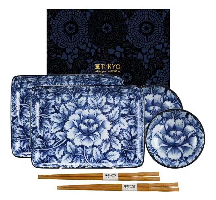 Blue / White Sushi Set - Botan - Set of 6 pieces - 21 x 13.5 cm