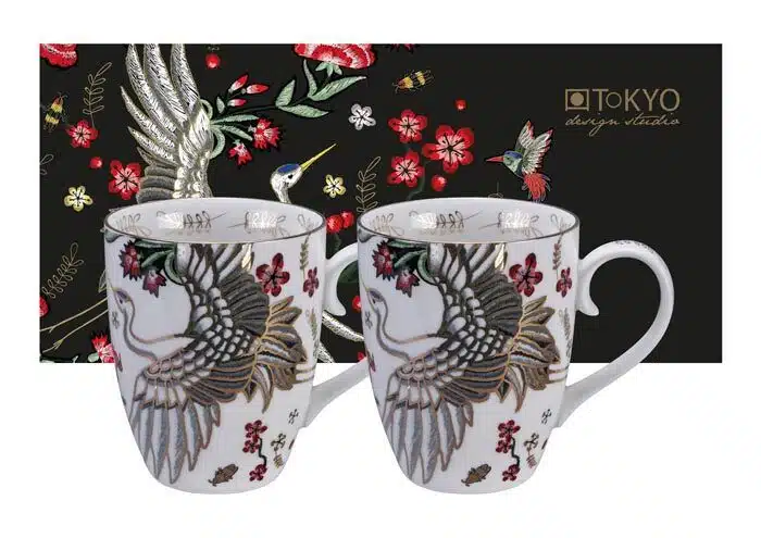 White Mug Set with Rooster - Mythical Crane - Set of 2 - 350 ml