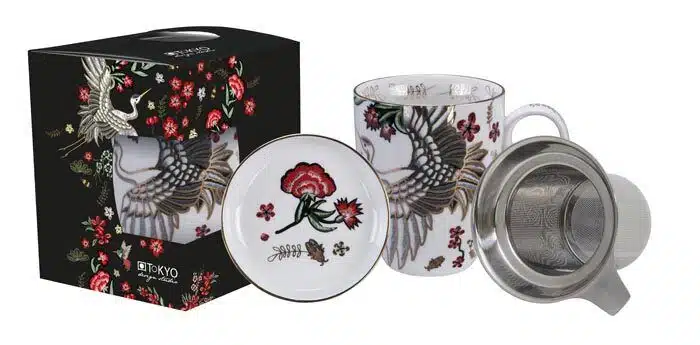 White mug set with strainer - Mythical Crane - 350ml