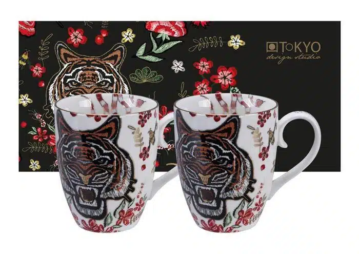 White Mug Set with Tiger Figure - Magic Tiger - Set of 2 - 350 ml
