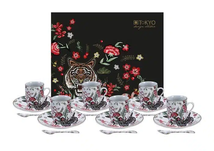 White Espresso Set with Tiger Figure - Magic Tiger - Set of 18 pieces