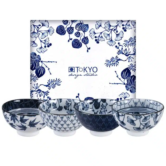Blue / White Bowl Set - Flora Japonica - Set of 4 - 12 x 6.3 cm 300 ml
