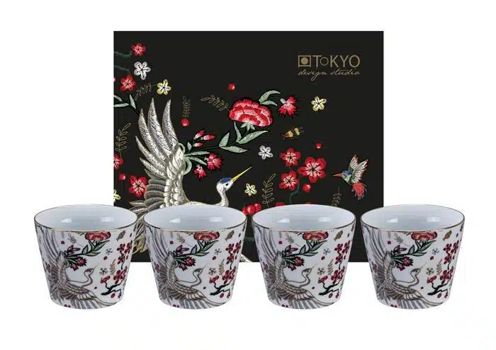 White Bowl with Rooster - Mythical Crane - Set of 4 pieces