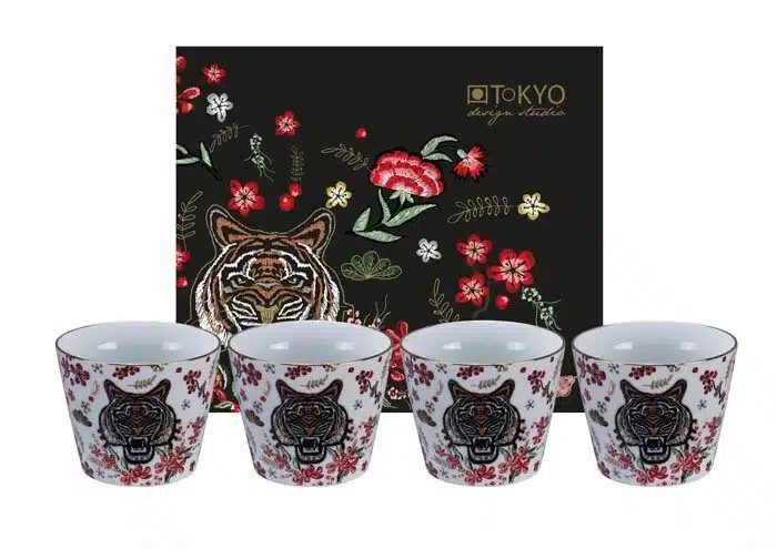White Bowl with Tiger Figure - Magic Tiger - Set of 4