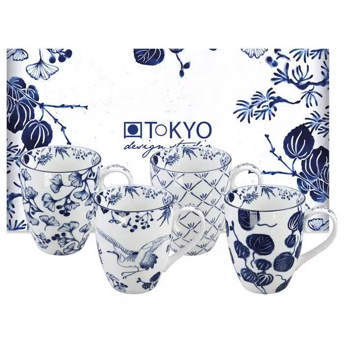 Blue / White Mug Set - Flora Japonica - Set of 4 - 8.5 x 10.2 cm 380 ml