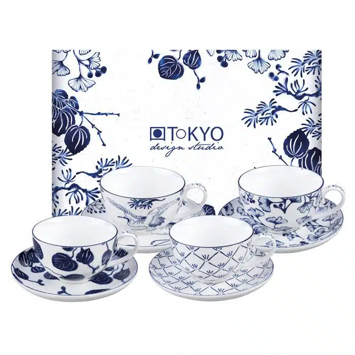 Blue / White Cup and Saucer Set - Flora Japonica - 4 pairs - 250 ml