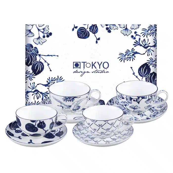 Blue / White Cup and Saucer Set - Flora Japonica - 4 pairs - 250 ml