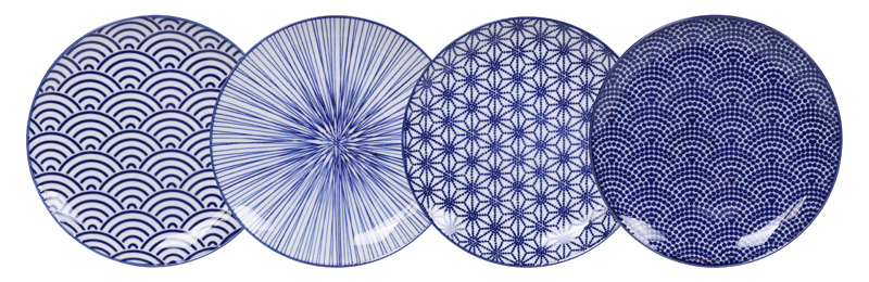 TOKYO design studio Nippon Blue Set of 4 Plates Blue/White Height 2 cm Asian Porcelain Japanese Design with Geometric Patterns Diameter 16 cm 