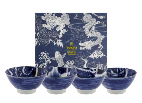 Tokyo Design Studio - Japonism - Ramenkommen - Set van 4 - 1000ml - Blauw - 17.8x8.8cm
