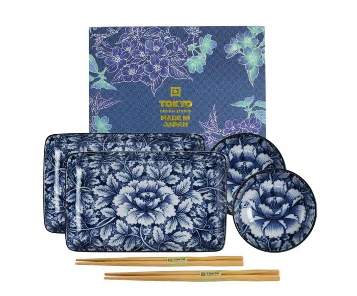 Tokyo Design Studio – Botan – Sushi Plate Set with Chopsticks – Set of 6 Pieces – 20.5 x 13.2cm & 9.4 x 3.1cm