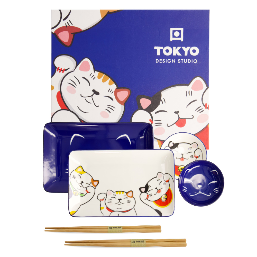 COFFRET LUCKY CAT SUSHIS. AVEC 1 NATTE EN BAMBOU, 5 PAIRES DE BAGUETTES, 5  REPOSE-BAGUETTES LUCKY CAT EN CERAMIQUE ET 1 LIVRE DE RECETTES DE SUSHIS  FACILE, Chemorin Marie pas cher 