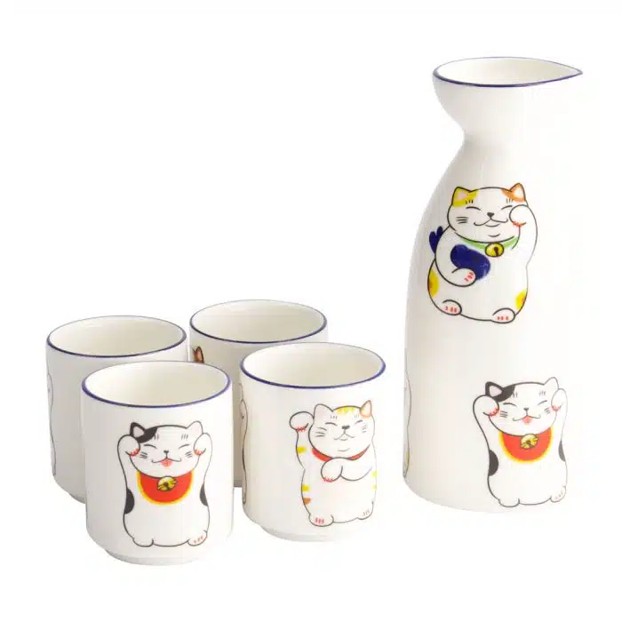 Tokyo Design Studio – Kawaii – Lucky Cat - Sake Set – 4 Cups – 1 Sake Bottle – 120/50 ml - Image 2