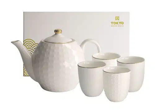 Tokyo Design Studio - Nippon White - Gouden Rand - Theegeschenkset - 1300ml - met 4 Kopjes 170ml