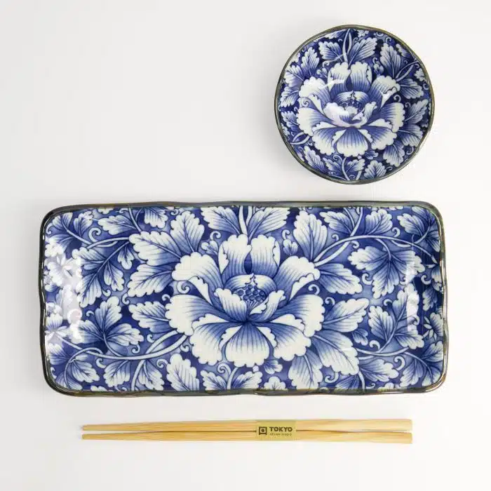 Tokyo Design Studio - Dami Botan - Two-Piece Plate Set - Blue/White - 11x4cm & 28x13cm - Image 2