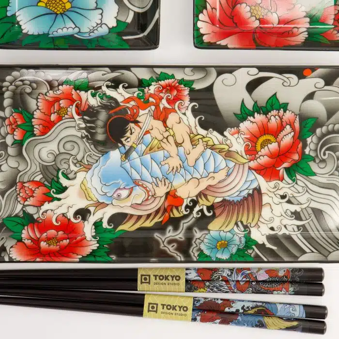 Tokyo Design Studio - Kawaii - Yakuza - Carp - Sushi Plate - Gift Set - 4pcs - w/Chopsticks - Image 4