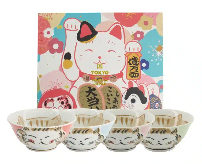 Tokyo Design Studio - Gemengde Schalen - Kawaii - Geschenkset - 4 stuks - 15x7cm - 500ml - 4 Kleuren - Luckycat