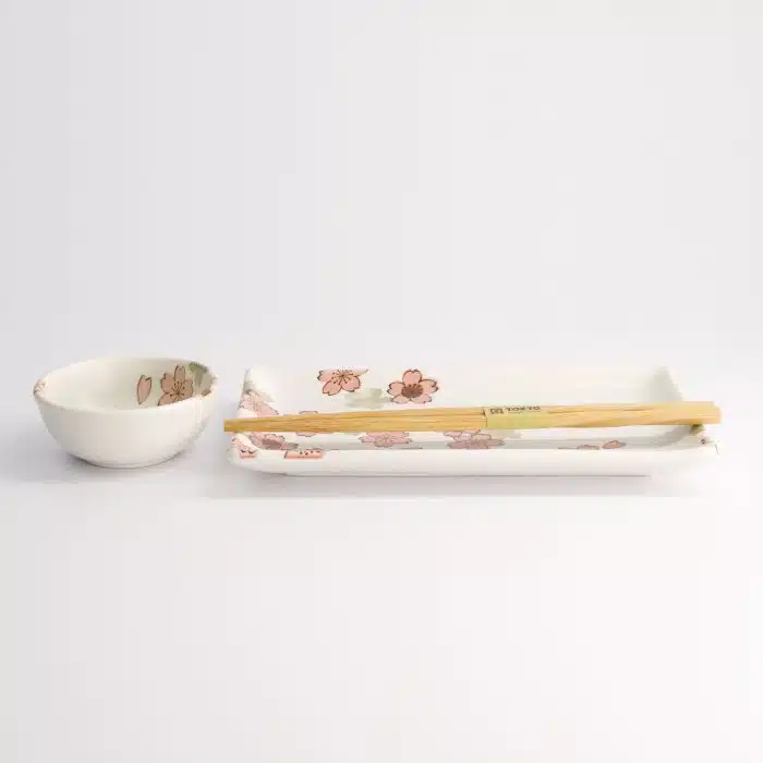 Tokyo Design Studio - Sakura White Sushi Set - 2pcs with Chopsticks - 22.5x12.7cm & 8.6x3.6cm - Image 2