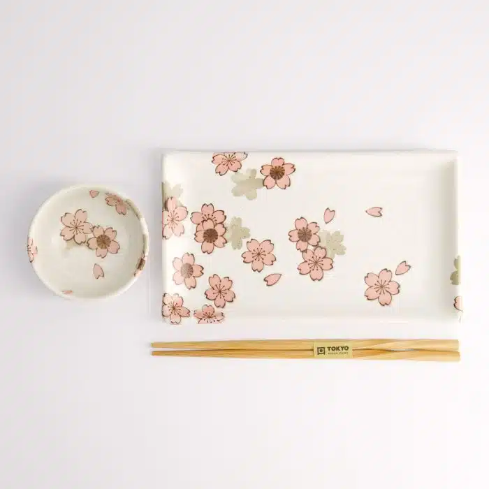 Tokyo Design Studio - Sakura White Sushi Set - 2pcs with Chopsticks - 22.5x12.7cm & 8.6x3.6cm - Image 3