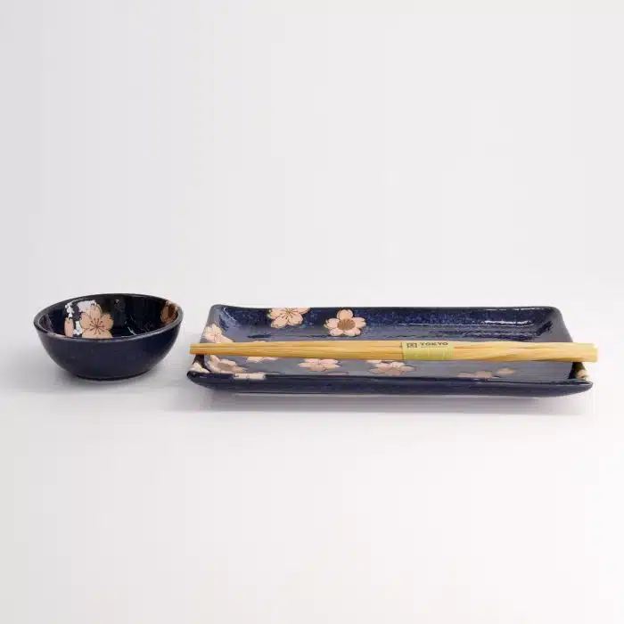 Tokyo Design Studio - Sakura - Navy Sushi Set - 2 Pieces with Chopsticks - 22.5x12.7cm & 8.6x3.6cm - Image 2