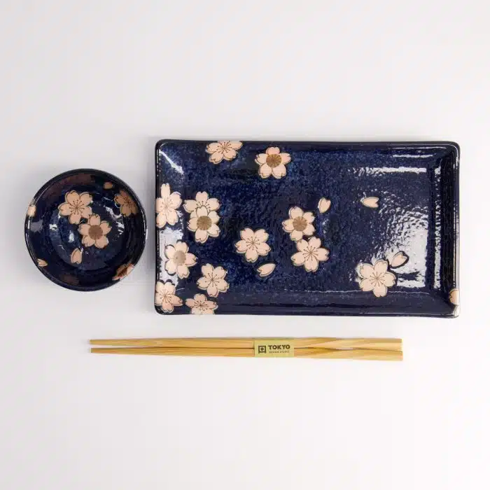 Tokyo Design Studio - Sakura - Navy Sushi Set - 2 Pieces with Chopsticks - 22.5x12.7cm & 8.6x3.6cm - Image 3