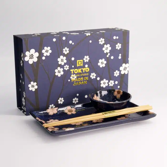 Tokyo Design Studio - Sakura - Navy Sushi Set - 2 Pieces with Chopsticks - 22.5x12.7cm & 8.6x3.6cm - Image 4