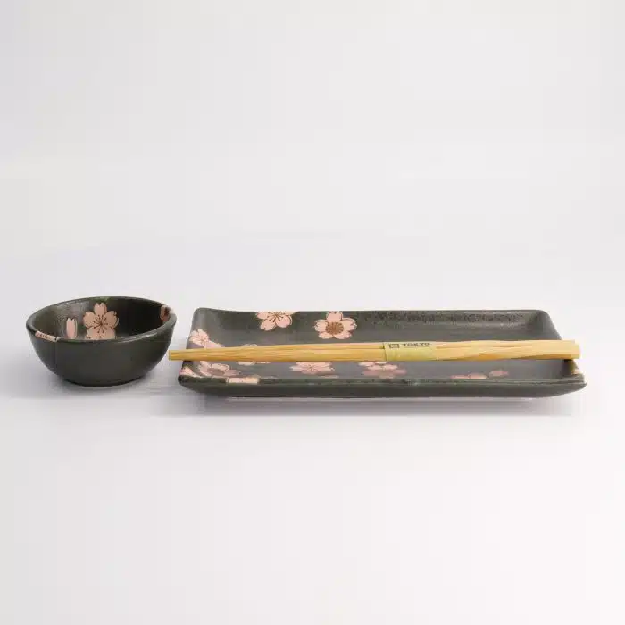 Tokyo Design Studio - Sakura Black Sushi Set - 2pcs with chopsticks - 22.5x12.7cm & 8.6x3.6cm - Image 5