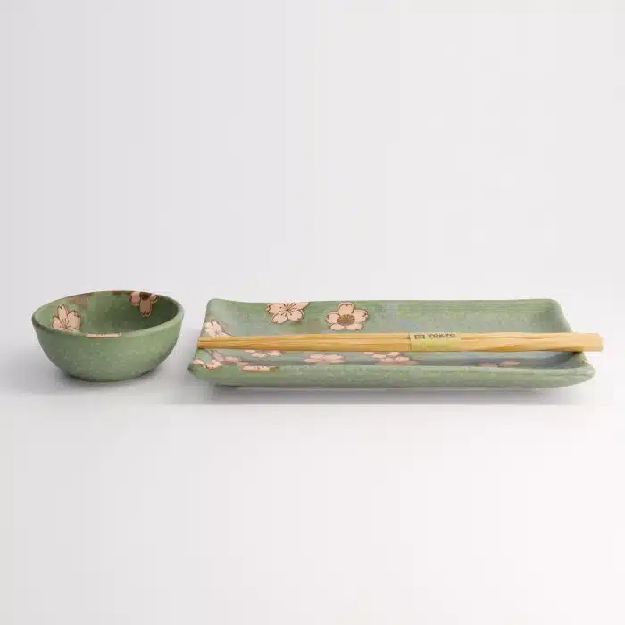 Tokyo Design Studio - Sakura Green Sushi Set - 2 pcs - Includes Chopsticks - 22.5x12.7cm & 8.6x3.6cm - Image 2