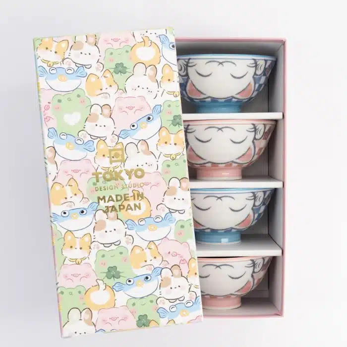 Kawaii Lucky Cat Blue/Pink Bowl Gift Set - 4 pcs - 11.3x5.8 cm