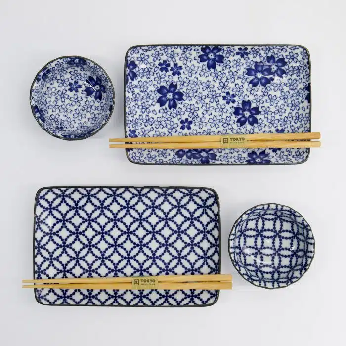 Sushi Gift Set Ten Shipo/Sakura - 4pcs with Chopsticks - 20.4x13cm & 9x3.5cm - Image 2