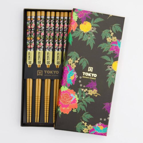 Set van 5 paar luxe eetstokjes Traditioneel Japans bloemenontwerp Duurzaam en herbruikbaar Geschikt voor sushi, ramen en andere Aziatische gerechten Tokyo Design Studio – Cadeauset Chopsticks – 5 paar – Bloemenmotief