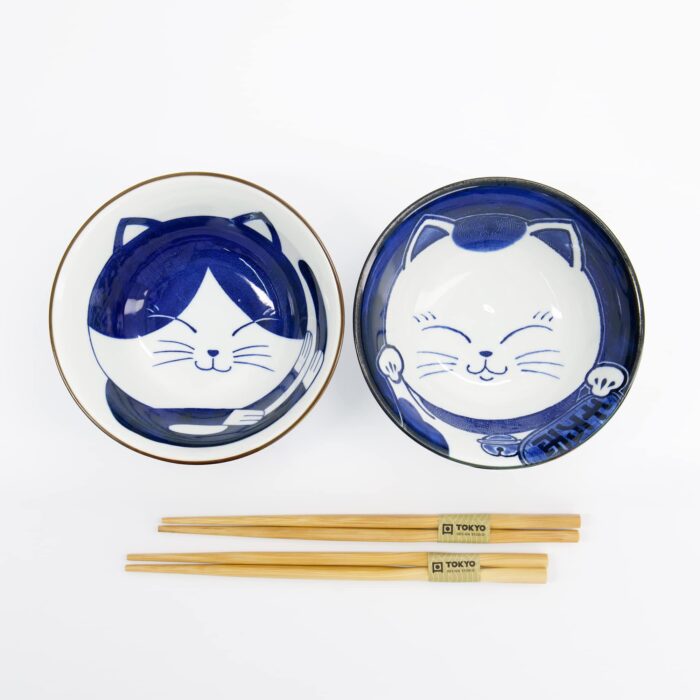 Tokyo Design Studio - Kawaii - Bowl Giftset 2pcs with Chopsticks - Cat - 14.9x6.7cm - 500ml - Image 3