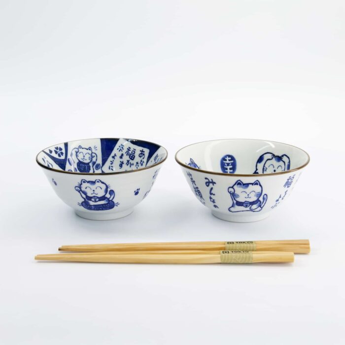 Tokyo Design Studio - Kawaii - Tayo Bowl Giftset 2pcs with Chopsticks - Cat - 14.9x6.7cm - 500ml - 3rd variant - Image 4