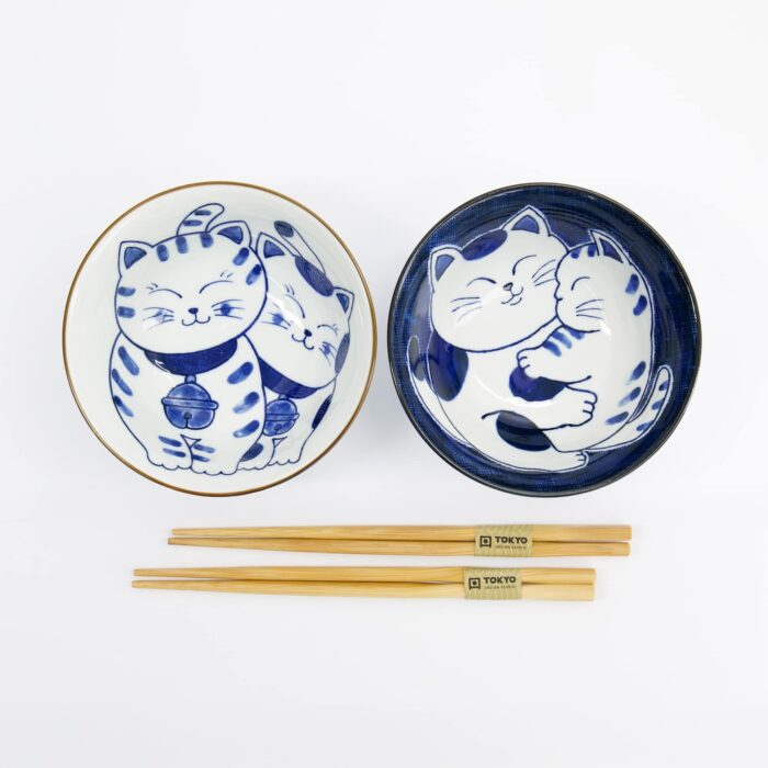 Tokyo Design Studio - Kawaii - Tayo Bowl Giftset 2pcs with Chopsticks - Cat - 14.9x6.7cm - 500ml - 4th variant - Image 3