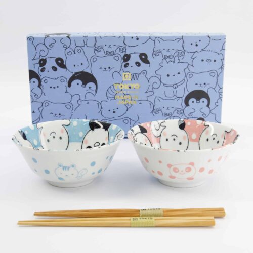 Tokyo Design Studio - Kawaii - Dieren - Tayo Kom Giftset - 2 stuks met eetstokjes - 15.2x6.7cm - 500ml - Blauw/Roze