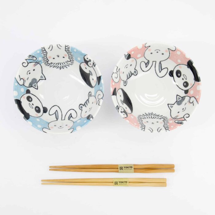 Tokyo Design Studio - Kawaii - Animals - Tayo Bowl Gift Set - 2pcs with Chopsticks - 15.2x6.7cm - 500ml - Blue/Pink - Image 4