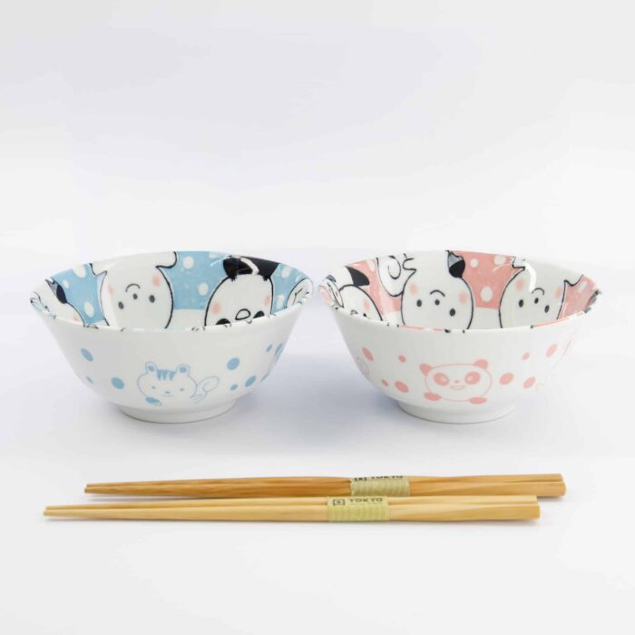 Tokyo Design Studio - Kawaii - Animals - Tayo Bowl Gift Set - 2pcs with Chopsticks - 15.2x6.7cm - 500ml - Blue/Pink - Image 6