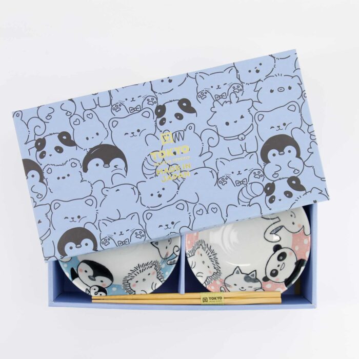 Tokyo Design Studio - Kawaii - Animals - Tayo Bowl Gift Set - 2pcs with Chopsticks - 15.2x6.7cm - 500ml - Blue/Pink - Image 7