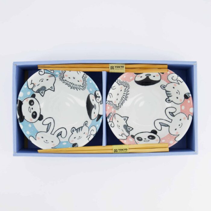 Tokyo Design Studio - Kawaii - Animals - Tayo Bowl Gift Set - 2pcs with Chopsticks - 15.2x6.7cm - 500ml - Blue/Pink - Image 3