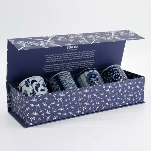 Tokyo Design Studio - Bekerset Cadeau - 4 Paar - Blauw/Wit - 160ml - 6.5x7.5cm