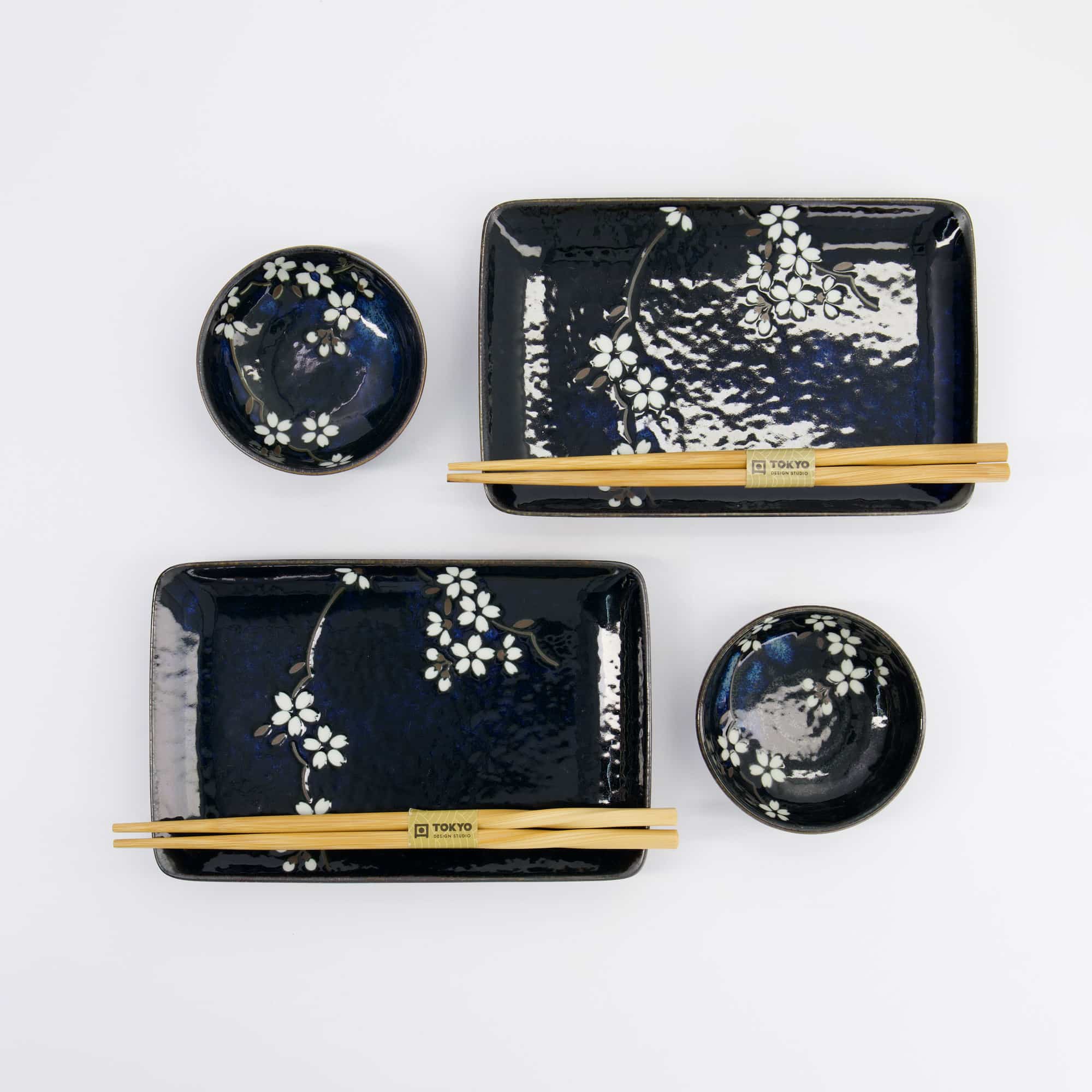 Tokyo Design Studio - Cobalt Blue Sakura - 6pcs Sushi Gift Set - 20.5x13.2x2.5cm & 9.5x3cm - Image 3