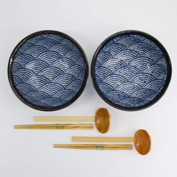 Tokyo Design Studio - Aisai Seigaiha - Ramen Bowl Gift Set - 6pcs - Blue - 21.5x9cm - 1300ml - Image 2