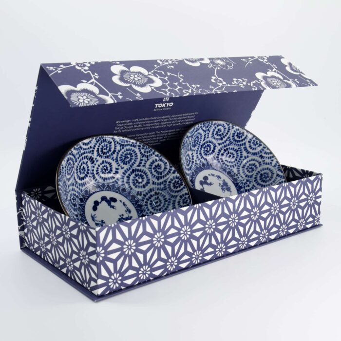 Tokyo Design Studio – Ramenkommen Set – Blauw – Noodlekommen – Inclusief Geschenkdoos – 19x7.5cm – 1100ml