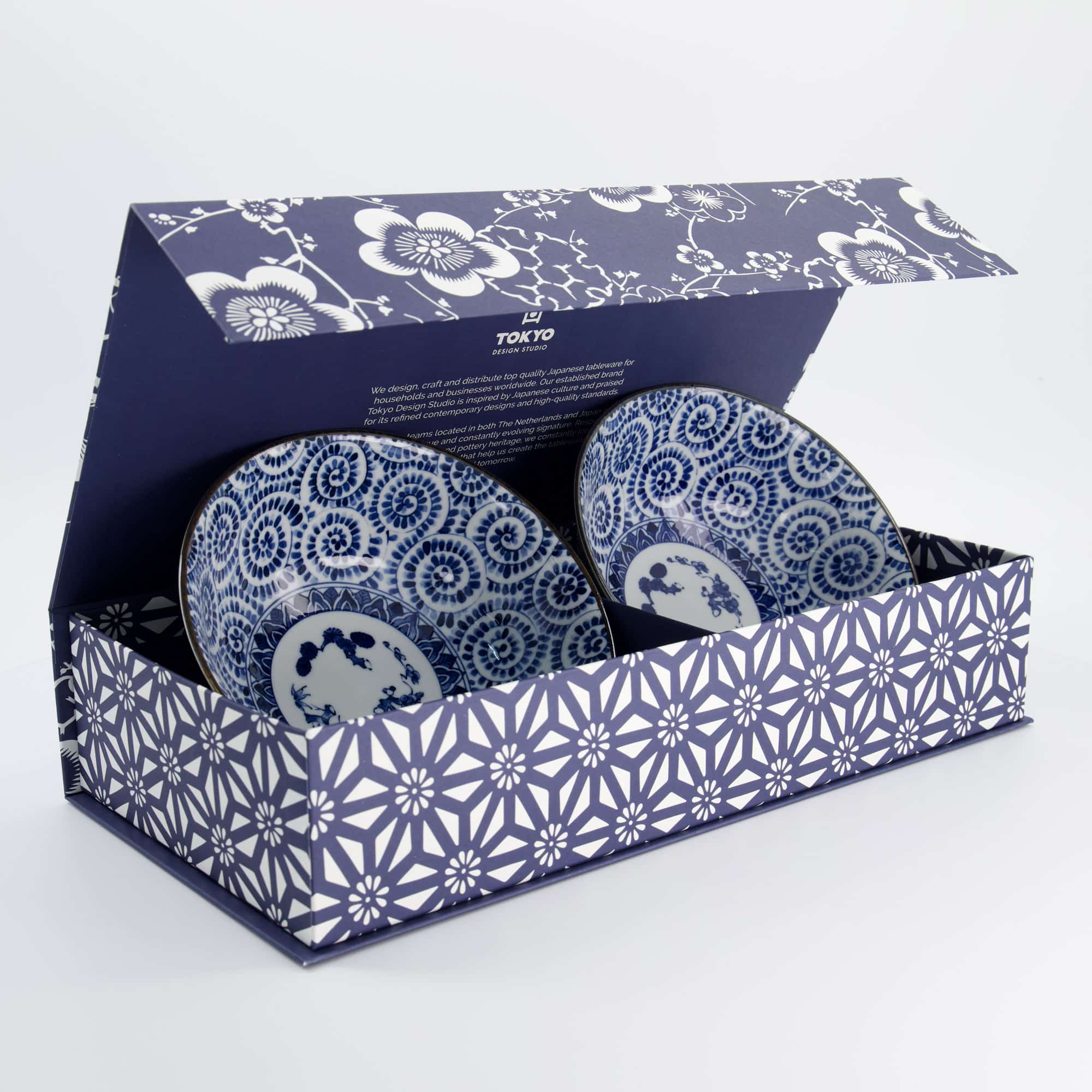 Tokyo Design Studio – Ramenkommen Set – Blauw – Noodlekommen – Inclusief Geschenkdoos – 19x7.5cm – 1100ml